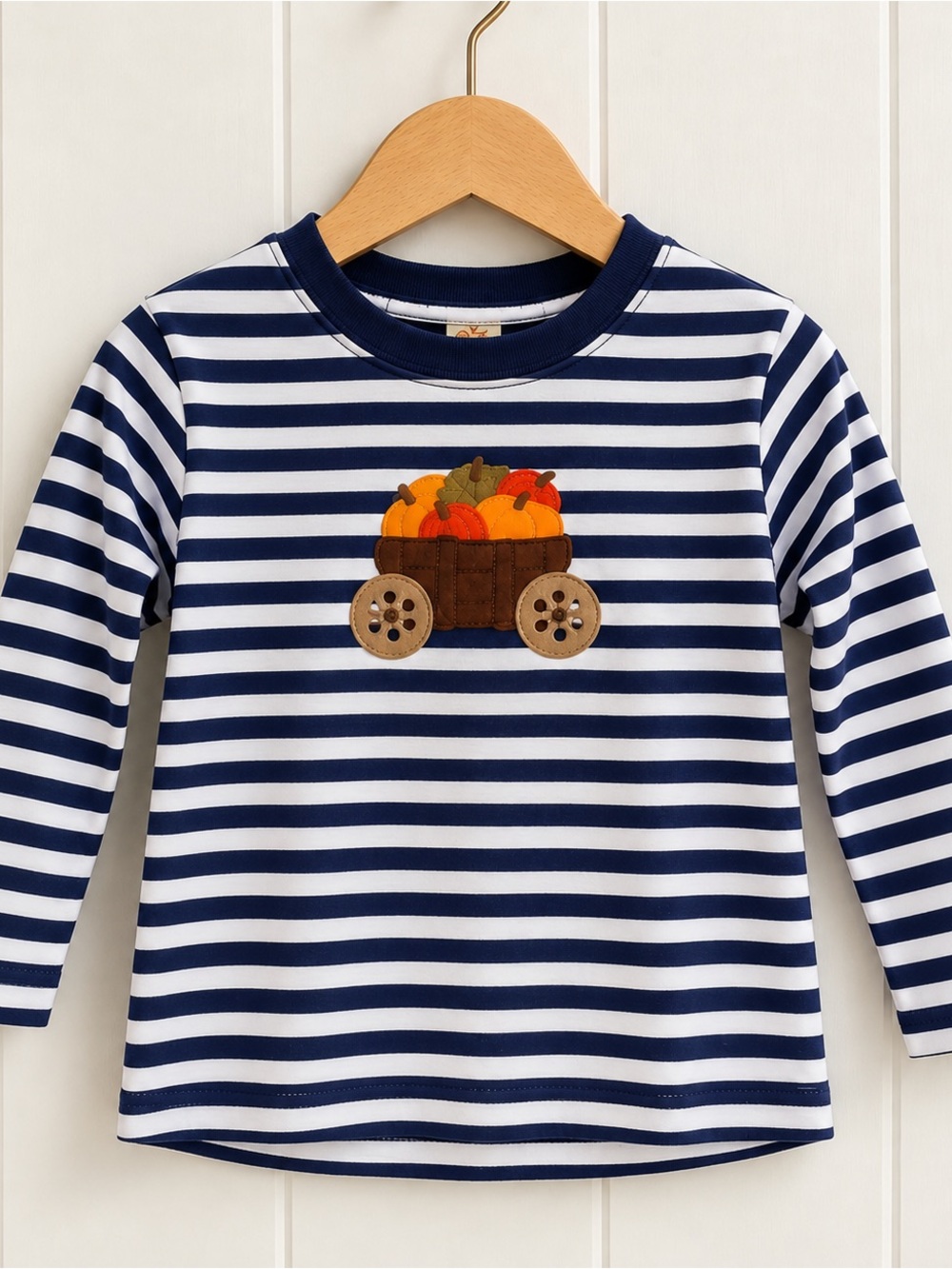Luigi Kids Striped Navy & White Long-Sleeve Top with Fall Wagon Appliqué